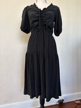 Black Ruffle-Front Midi Dress with Puff Sleeves